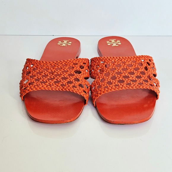 TORY BURCH Woven Flat Slide - Desert Flower Orange $298 Sz US 8.5 Preppy Summer - Picture 6 of 11